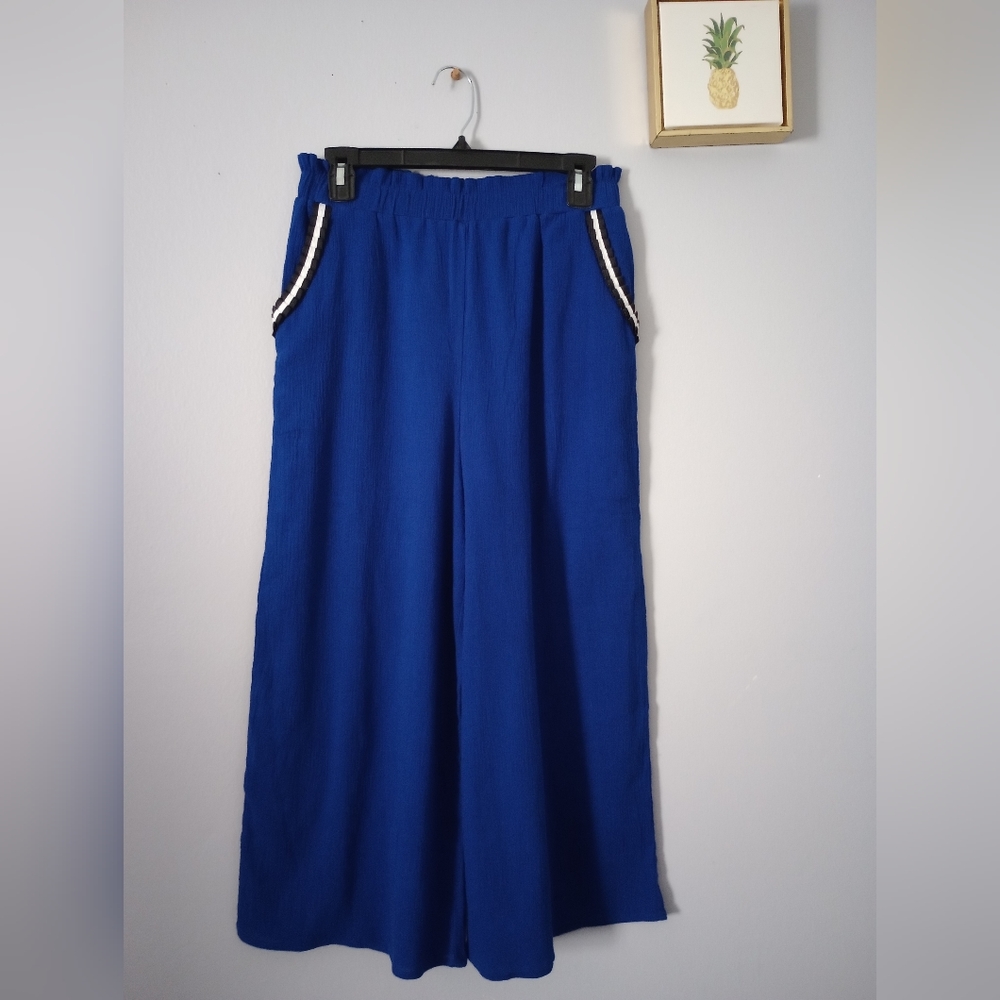 Palazzo Pants Crop Femme Women  Small Wide-Leg Color blue Pull-on  Cotton